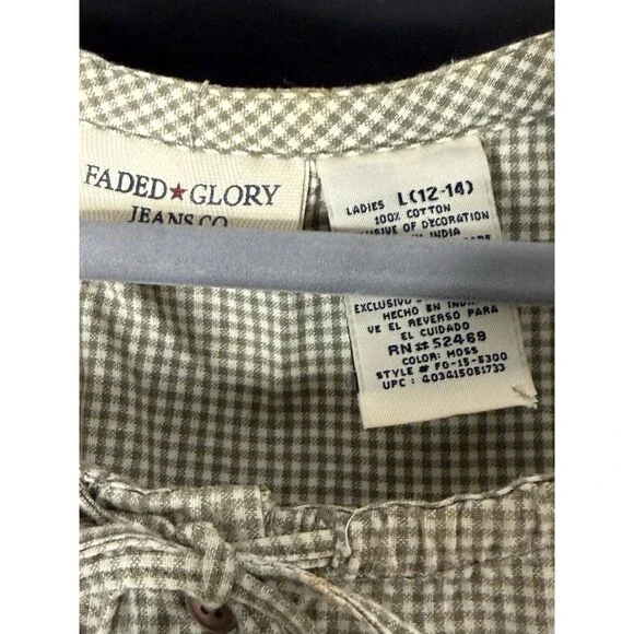 Faded Glory Gingham Grn/Wht Button Up W/Tie Frnt Embroidered Floral Motifs Sz 12 - Picture 2 of 10